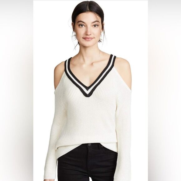 Jack BB Dakota Women's Made The Squad Cold Shoulder Striped V-Neck Sweater - Picture 1 of 5
